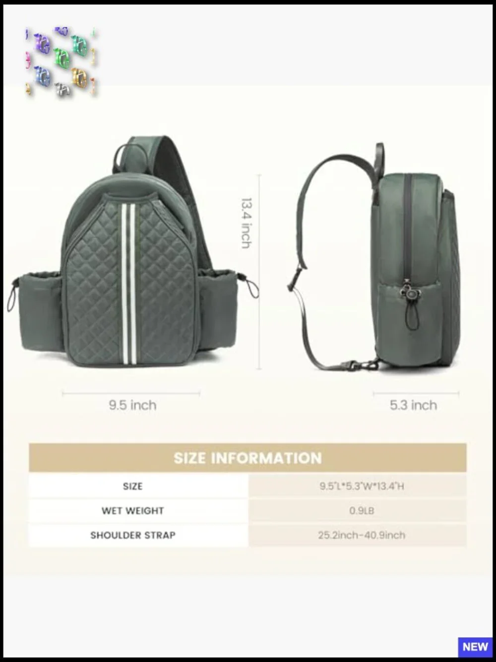 Quilted Pickleball Paddle Sling Bag Crossbody Backpack Sport Gym Travel Bag